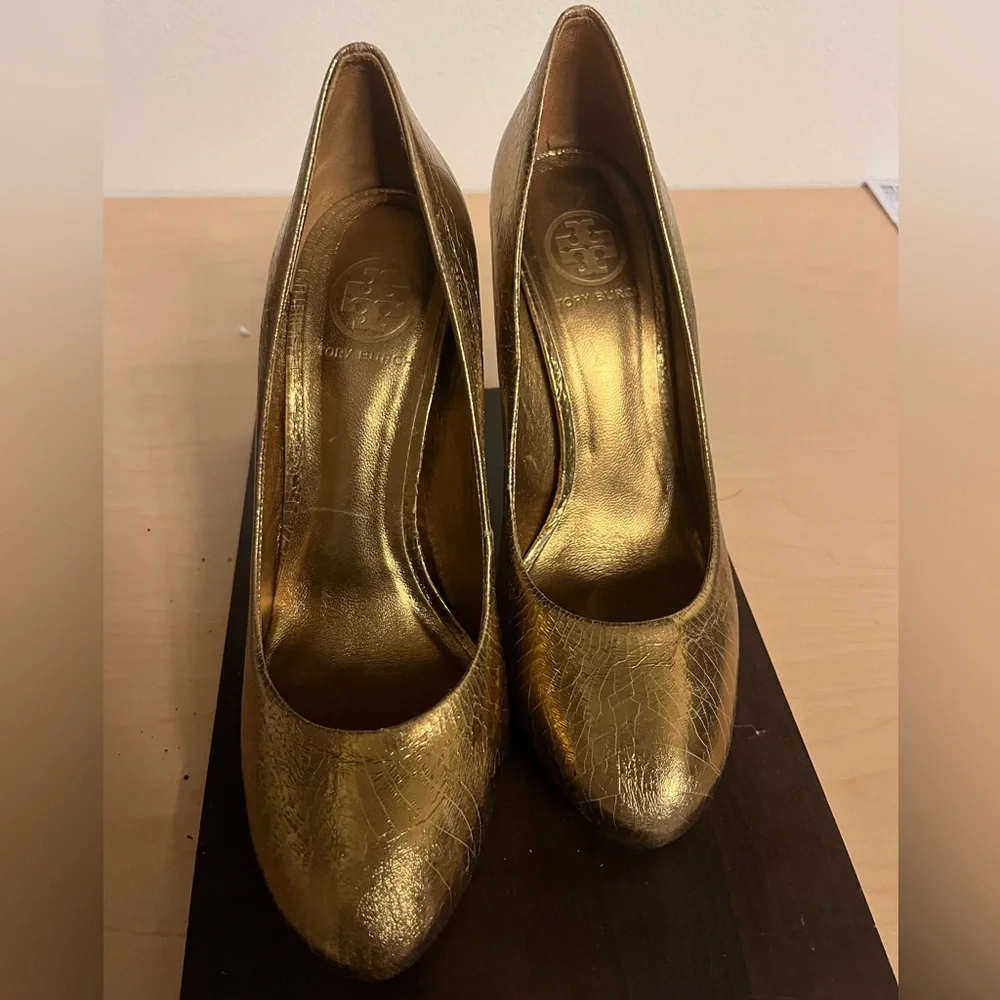 Tory Burch Bronze Crackle Leather Platform Pumps Heels Leather 4 1/4” 9 Jenna - Picture 6 of 6